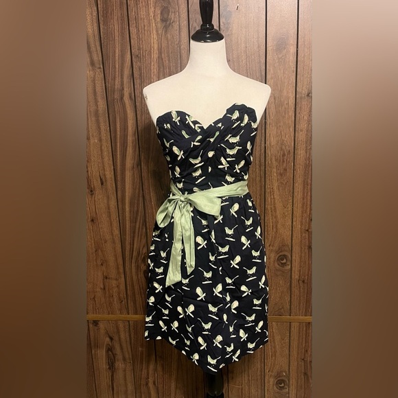 Anthropologie Porridge Navy Blue/green With Pockets Sing Sweetly Bird Dress Sz 0 - Picture 1 of 12